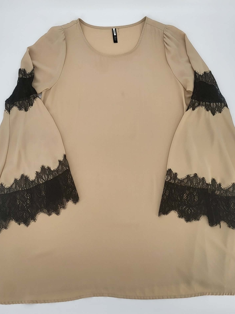 Elan Beige Chemise with Black Lace Bell Sleeves